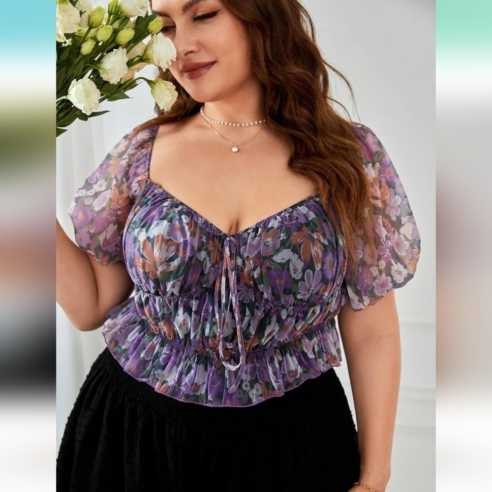 Lilac Floral Off-Shoulder Smocked Top – 2XL